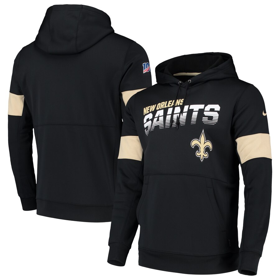Men's New Orleans Saints 2019 Black 100th Season Sideline Team Logo Performance Pullover Hoodie